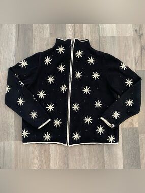 Vintage Snowflake Embroidered Zip Up Sweater Jacket Cozy Nordic Winter Knit